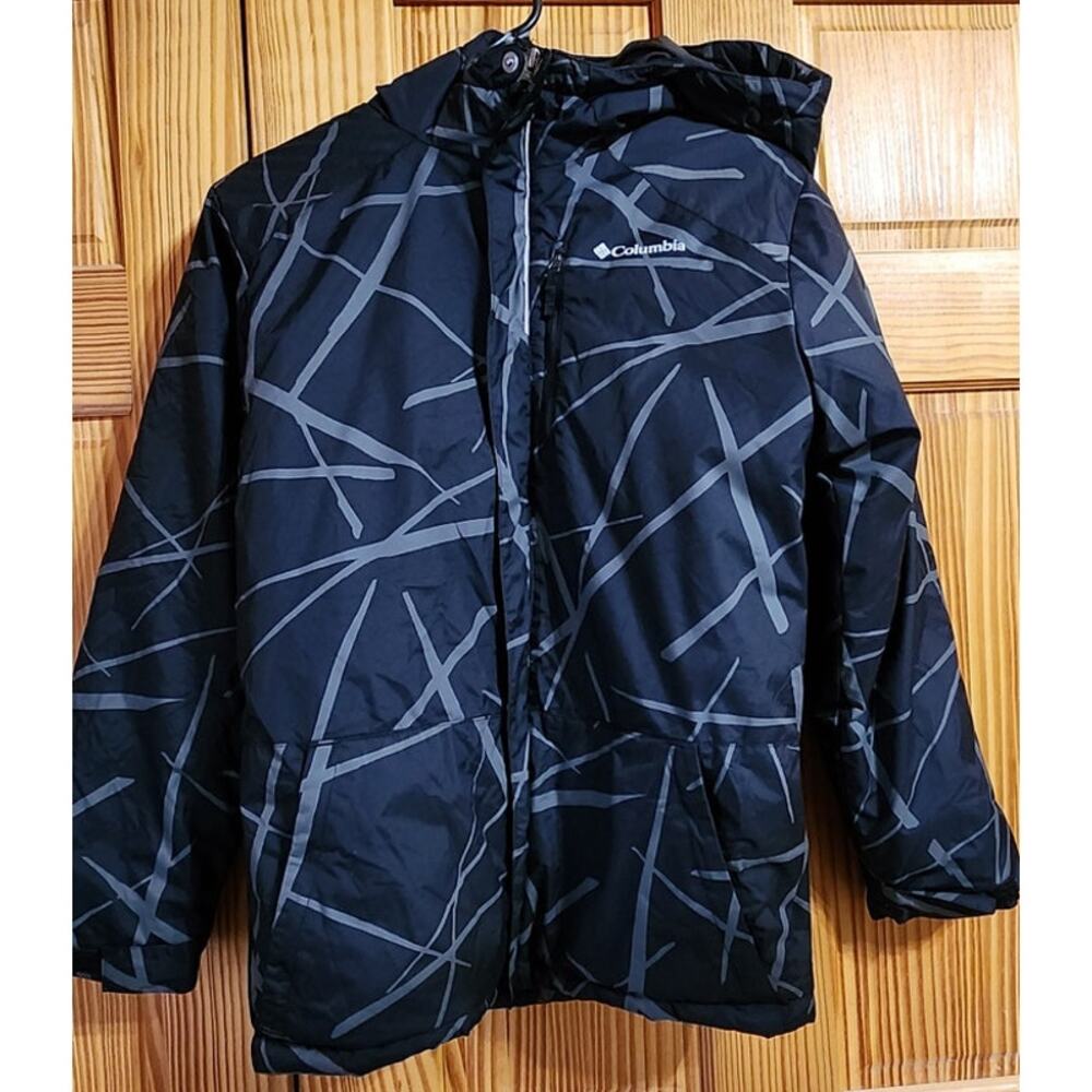 Columbia Youth Insulated Winter Jacket Black‎ Gray Pattern Hooded Size L